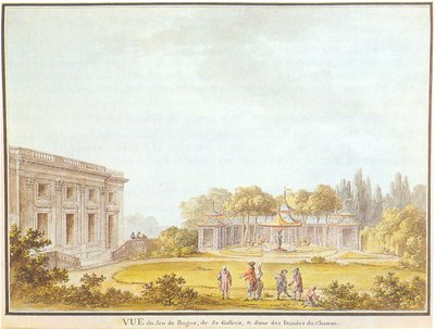 Ansicht des Jeu de Bague, der Galerie und einer der Fassaden des Schlosses von Claude Louis Chatelet